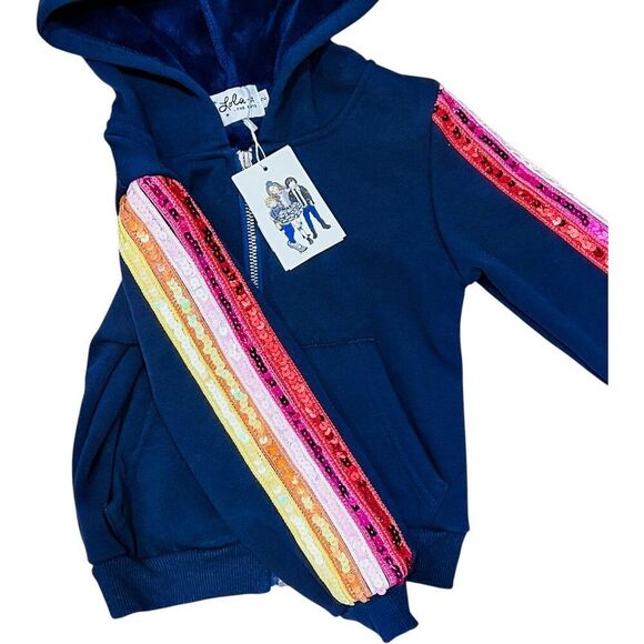 NWT! Lola and the Boys Navy Sequin Stripe Sleeve Zipper Hoodie Size 2 - Picture 2 of 7